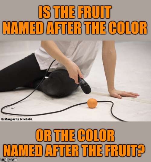 Serious question guys.  Let's talk about oranges. | IS THE FRUIT NAMED AFTER THE COLOR; OR THE COLOR NAMED AFTER THE FRUIT? | image tagged in interview with an orange | made w/ Imgflip meme maker
