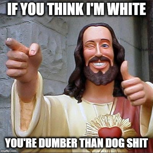 Buddy Christ | IF YOU THINK I'M WHITE; YOU'RE DUMBER THAN DOG SHIT | image tagged in memes,buddy christ | made w/ Imgflip meme maker