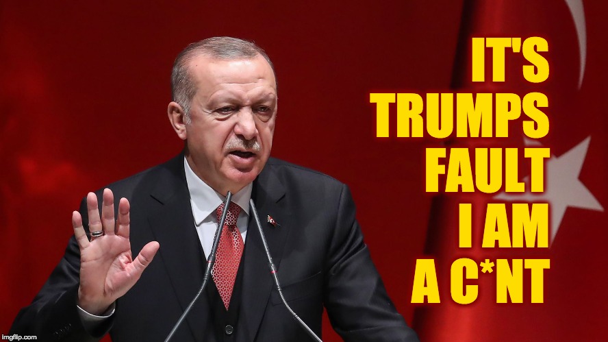 Don't look at me.. | IT'S
TRUMPS
FAULT
I AM
A C*NT | image tagged in erdogan | made w/ Imgflip meme maker