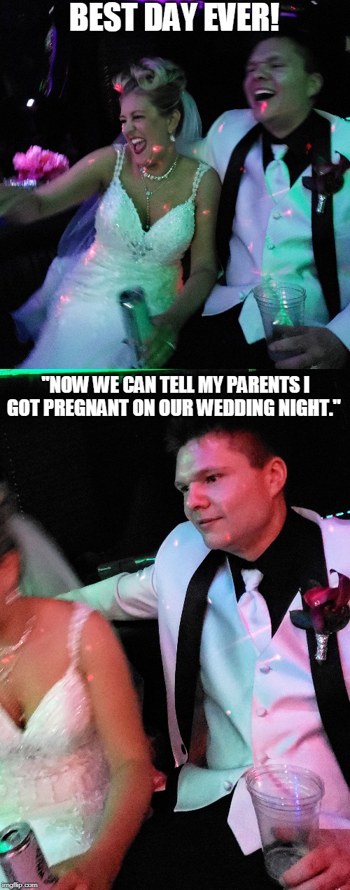 BEST DAY EVER! "NOW WE CAN TELL MY PARENTS I GOT PREGNANT ON OUR WEDDING NIGHT." | image tagged in wedding | made w/ Imgflip meme maker