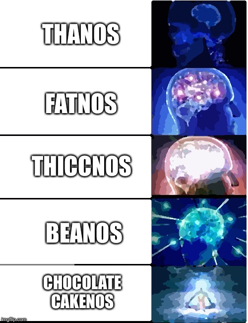 Expanding Brain 5 Panel | THANOS FATNOS THICCNOS BEANOS CHOCOLATE CAKENOS | image tagged in expanding brain 5 panel | made w/ Imgflip meme maker