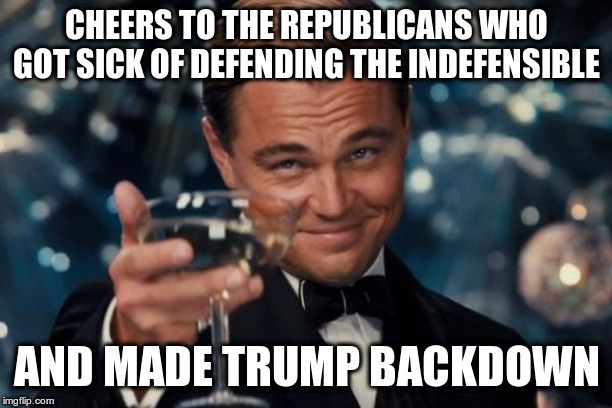 Leonardo Dicaprio Cheers Meme | CHEERS TO THE REPUBLICANS WHO GOT SICK OF DEFENDING THE INDEFENSIBLE AND MADE TRUMP BACKDOWN | image tagged in memes,leonardo dicaprio cheers | made w/ Imgflip meme maker