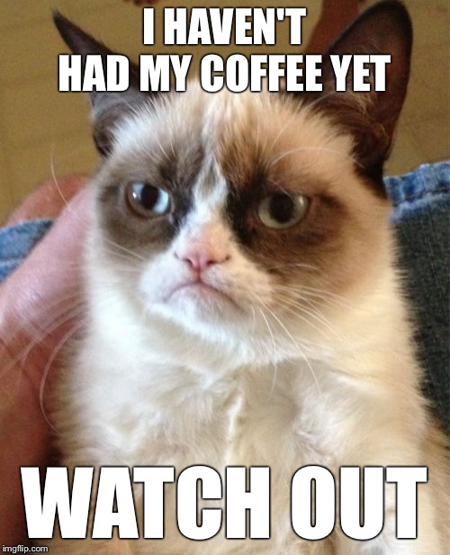 Me Before Coffee | I HAVEN'T HAD MY COFFEE YET; WATCH OUT | image tagged in memes,grumpy cat,coffee,grumpy,mornings,funny | made w/ Imgflip meme maker