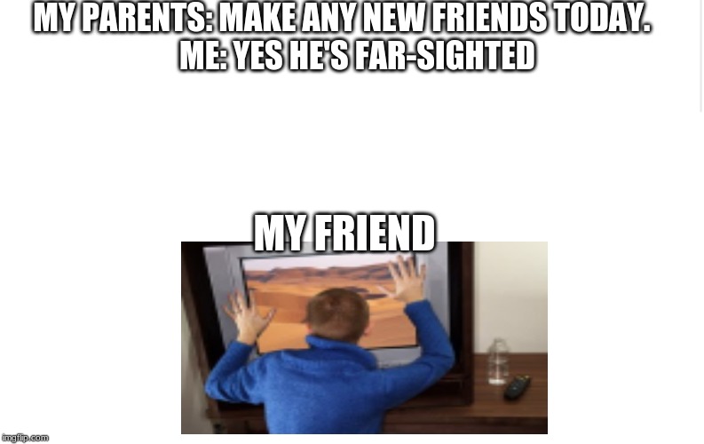 Blank meme template | MY PARENTS: MAKE ANY NEW FRIENDS TODAY.      
ME: YES HE'S FAR-SIGHTED; MY FRIEND | image tagged in blank meme template | made w/ Imgflip meme maker