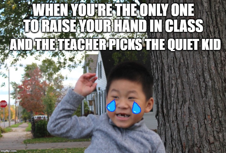 WHEN YOU'RE THE ONLY ONE TO RAISE YOUR HAND IN CLASS; AND THE TEACHER PICKS THE QUIET KID | image tagged in painful | made w/ Imgflip meme maker