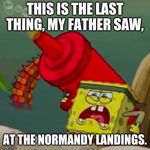 german spongebob | THIS IS THE LAST THING, MY FATHER SAW, AT THE NORMANDY LANDINGS. | image tagged in german spongebob | made w/ Imgflip meme maker