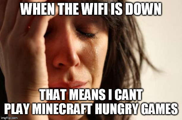 First World Problems Meme | WHEN THE WIFI IS DOWN; THAT MEANS I CANT PLAY MINECRAFT HUNGRY GAMES | image tagged in memes,first world problems | made w/ Imgflip meme maker