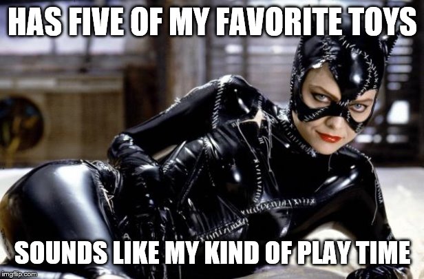 catwoman | HAS FIVE OF MY FAVORITE TOYS SOUNDS LIKE MY KIND OF PLAY TIME | image tagged in catwoman | made w/ Imgflip meme maker