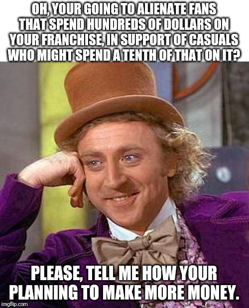 Oh really, tell me more | OH, YOUR GOING TO ALIENATE FANS THAT SPEND HUNDREDS OF DOLLARS ON YOUR FRANCHISE, IN SUPPORT OF CASUALS WHO MIGHT SPEND A TENTH OF THAT ON IT? PLEASE, TELL ME HOW YOUR PLANNING TO MAKE MORE MONEY. | image tagged in memes,creepy condescending wonka,disney,blizzard,lucas film | made w/ Imgflip meme maker
