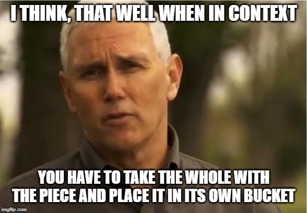 Mike Pence | I THINK, THAT WELL WHEN IN CONTEXT YOU HAVE TO TAKE THE WHOLE WITH THE PIECE AND PLACE IT IN ITS OWN BUCKET | image tagged in mike pence | made w/ Imgflip meme maker