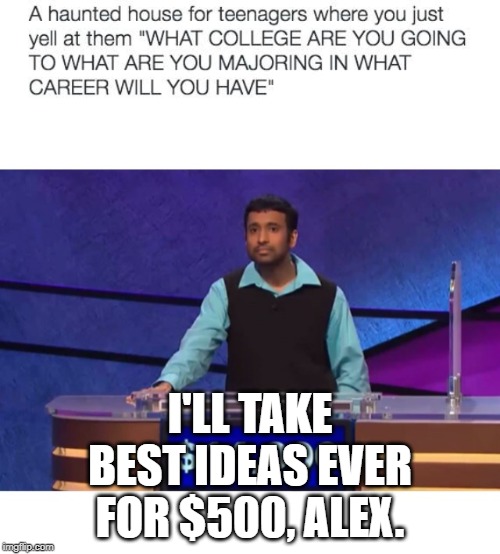 I'LL TAKE BEST IDEAS EVER FOR $500, ALEX. | image tagged in i'll take blank for 200 | made w/ Imgflip meme maker