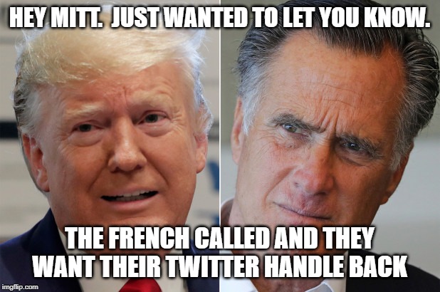 Pierre is my saviour | HEY MITT.  JUST WANTED TO LET YOU KNOW. THE FRENCH CALLED AND THEY WANT THEIR TWITTER HANDLE BACK | image tagged in mitt romney | made w/ Imgflip meme maker