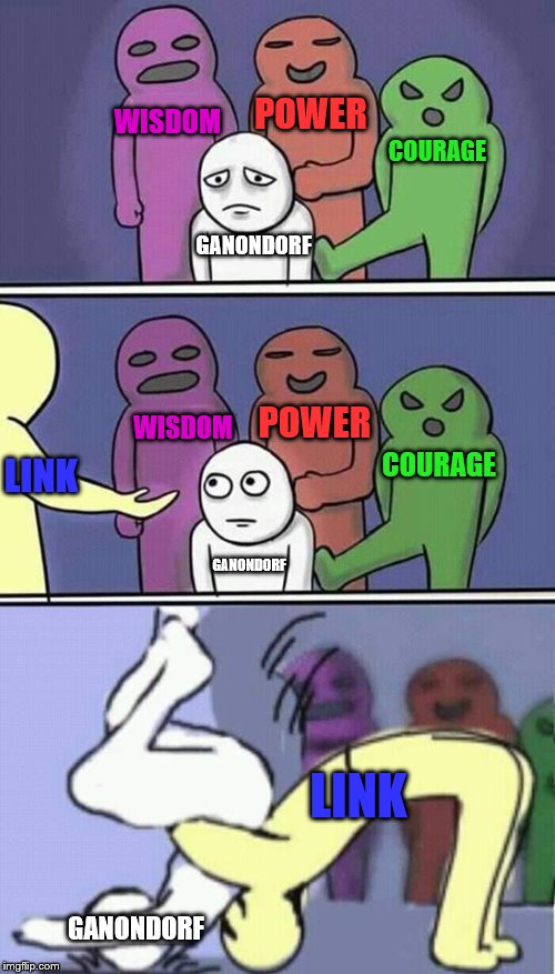 problems stress pain | POWER; WISDOM; COURAGE; GANONDORF; WISDOM; COURAGE; LINK; POWER; GANONDORF; LINK; GANONDORF | image tagged in problems stress pain | made w/ Imgflip meme maker