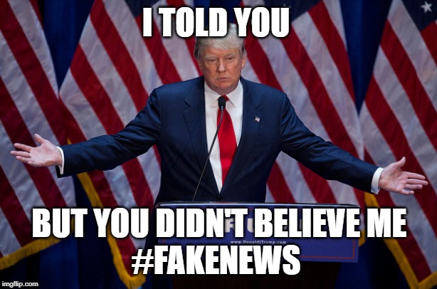 Donald Trump | I TOLD YOU BUT YOU DIDN'T BELIEVE ME
#FAKENEWS | image tagged in donald trump | made w/ Imgflip meme maker