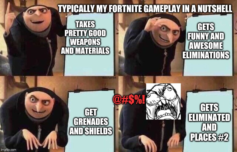fortnite plan at work be like | TYPICALLY MY FORTNITE GAMEPLAY IN A NUTSHELL; GETS FUNNY AND AWESOME ELIMINATIONS; TAKES PRETTY GOOD WEAPONS AND MATERIALS; @#$%! GET GRENADES AND SHIELDS; GETS ELIMINATED AND PLACES #2 | image tagged in fortnite plan at work be like | made w/ Imgflip meme maker