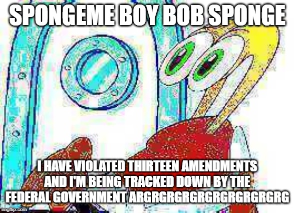 ARGRGRGRGRGRGRGRGRG | SPONGEME BOY BOB SPONGE; I HAVE VIOLATED THIRTEEN AMENDMENTS AND I'M BEING TRACKED DOWN BY THE FEDERAL GOVERNMENT ARGRGRGRGRGRGRGRGRGRG | image tagged in fun,funny memes,spongebob,mr krabs,dank memes,hilarious | made w/ Imgflip meme maker