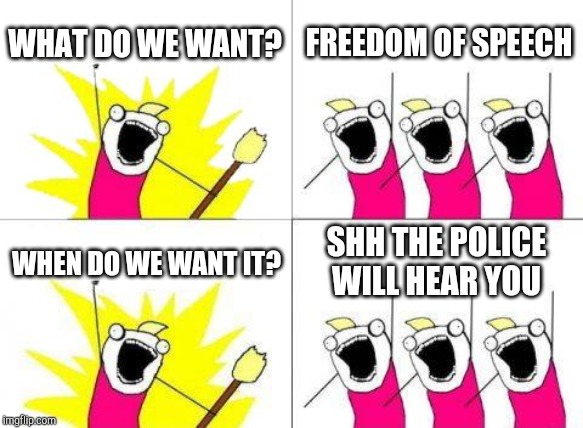 What Do We Want | WHAT DO WE WANT? FREEDOM OF SPEECH; WHEN DO WE WANT IT? SHH THE POLICE WILL HEAR YOU | image tagged in memes,what do we want | made w/ Imgflip meme maker
