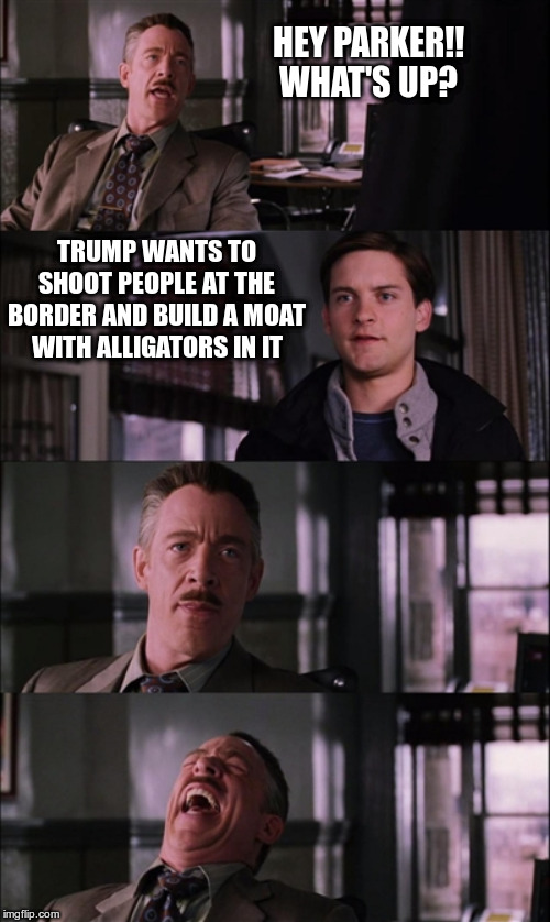 Spiderman Laugh Meme | HEY PARKER!!
WHAT'S UP? TRUMP WANTS TO SHOOT PEOPLE AT THE BORDER AND BUILD A MOAT WITH ALLIGATORS IN IT | image tagged in memes,spiderman laugh,political meme,donald trump,border wall | made w/ Imgflip meme maker