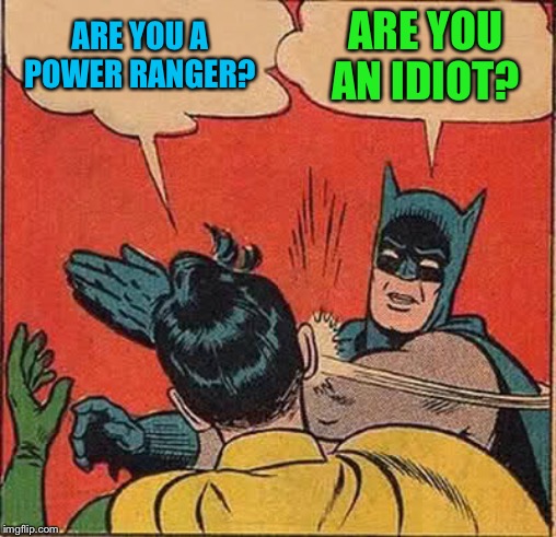 Batman Slapping Robin Meme | ARE YOU A POWER RANGER? ARE YOU AN IDIOT? | image tagged in memes,batman slapping robin | made w/ Imgflip meme maker