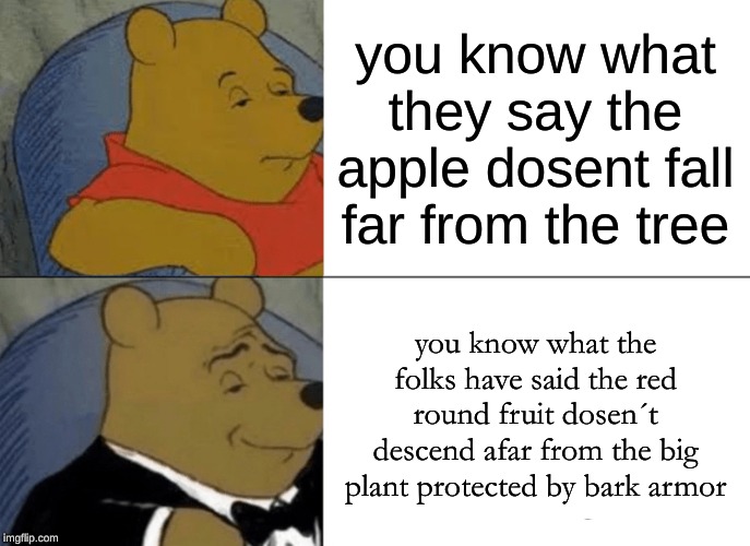 Tuxedo Winnie The Pooh | you know what they say the apple dosent fall far from the tree; you know what the folks have said the red round fruit dosen´t descend afar from the big plant protected by bark armor | image tagged in memes,tuxedo winnie the pooh | made w/ Imgflip meme maker