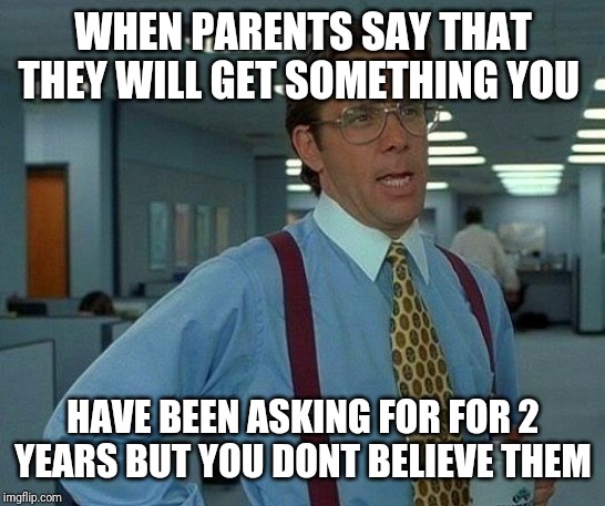 That Would Be Great Meme | WHEN PARENTS SAY THAT THEY WILL GET SOMETHING YOU; HAVE BEEN ASKING FOR FOR 2 YEARS BUT YOU DONT BELIEVE THEM | image tagged in memes,that would be great | made w/ Imgflip meme maker