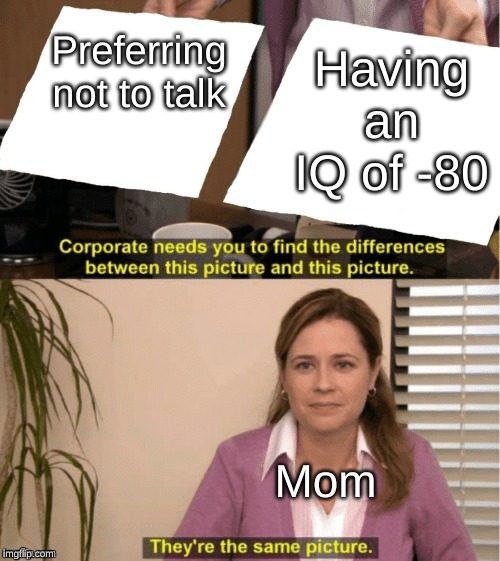 They're The Same Picture | Preferring not to talk; Having an IQ of -80; Mom | image tagged in office same picture,parents | made w/ Imgflip meme maker