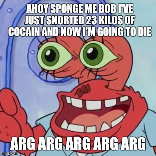 AHOY SPONGEBOB | AHOY SPONGE ME BOB I'VE JUST SNORTED 23 KILOS OF COCAIN AND NOW I'M GOING TO DIE; ARG ARG ARG ARG ARG | image tagged in ahoy spongebob | made w/ Imgflip meme maker