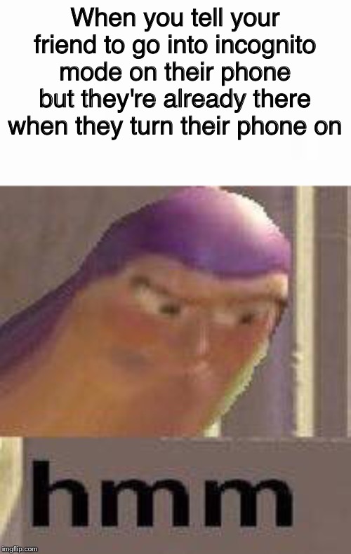 When you tell your friend to go into incognito mode on their phone but they're already there when they turn their phone on | image tagged in buzz lightyear hmm | made w/ Imgflip meme maker