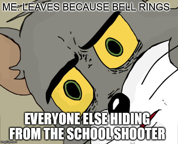 Unsettled Tom Meme | ME: LEAVES BECAUSE BELL RINGS; EVERYONE ELSE HIDING FROM THE SCHOOL SHOOTER | image tagged in memes,unsettled tom | made w/ Imgflip meme maker
