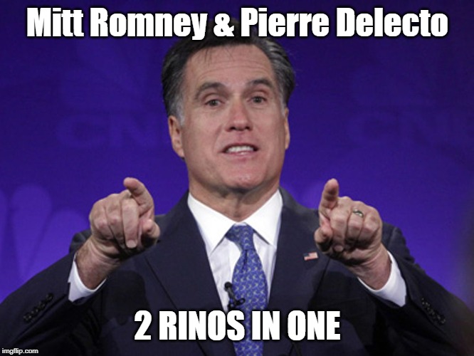 Alt tweeting to defend your own idiocy because nobody else will | Mitt Romney & Pierre Delecto; 2 RINOS IN ONE | image tagged in mitt romney,pierre delecto,rino | made w/ Imgflip meme maker