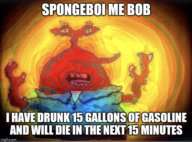 SPONGEBOI ME BOB | SPONGEBOI ME BOB; I HAVE DRUNK 15 GALLONS OF GASOLINE AND WILL DIE IN THE NEXT 15 MINUTES | image tagged in spongeboi me bob | made w/ Imgflip meme maker