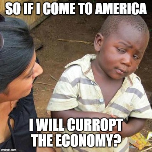 Third World Skeptical Kid | SO IF I COME TO AMERICA; I WILL CURROPT THE ECONOMY? | image tagged in memes,third world skeptical kid | made w/ Imgflip meme maker