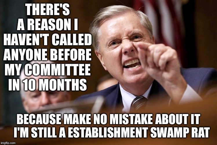 I believe him saying "we will get to the bottom of it" about as much as "the IG report will be out this month" lol | THERE'S A REASON I HAVEN'T CALLED ANYONE BEFORE MY COMMITTEE IN 10 MONTHS; BECAUSE MAKE NO MISTAKE ABOUT IT    I'M STILL A ESTABLISHMENT SWAMP RAT | image tagged in lindsey graham | made w/ Imgflip meme maker