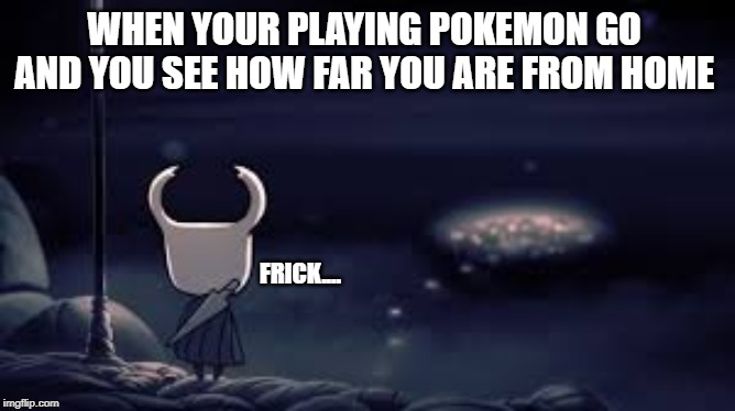 Pokemon Go in a nutshell | WHEN YOUR PLAYING POKEMON GO 
AND YOU SEE HOW FAR YOU ARE FROM HOME; FRICK.... | image tagged in hollow knight,meme | made w/ Imgflip meme maker