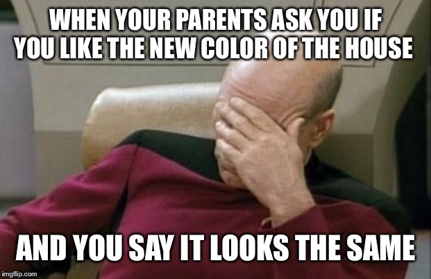 Captain Picard Facepalm | WHEN YOUR PARENTS ASK YOU IF YOU LIKE THE NEW COLOR OF THE HOUSE; AND YOU SAY IT LOOKS THE SAME | image tagged in memes,captain picard facepalm | made w/ Imgflip meme maker