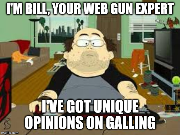Southpark Fat guy on internet | I'M BILL, YOUR WEB GUN EXPERT; I'VE GOT UNIQUE OPINIONS ON GALLING | image tagged in southpark fat guy on internet | made w/ Imgflip meme maker
