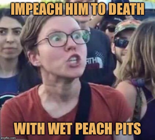 Angry Liberal | IMPEACH HIM TO DEATH WITH WET PEACH PITS | image tagged in angry liberal | made w/ Imgflip meme maker