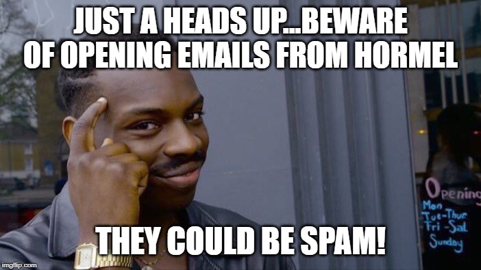 Do People Like Spam? | JUST A HEADS UP...BEWARE OF OPENING EMAILS FROM HORMEL; THEY COULD BE SPAM! | image tagged in memes,roll safe think about it | made w/ Imgflip meme maker