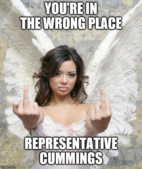 And don't let the gate hit you in the butt on your way down. | YOU'RE IN THE WRONG PLACE; REPRESENTATIVE CUMMINGS | image tagged in angry angel,evil,congress,liberals,corruption | made w/ Imgflip meme maker