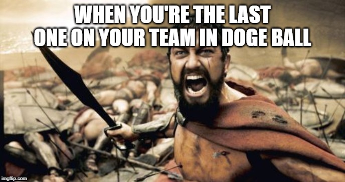 Sparta Leonidas | WHEN YOU'RE THE LAST ONE ON YOUR TEAM IN DOGE BALL | image tagged in memes,sparta leonidas | made w/ Imgflip meme maker