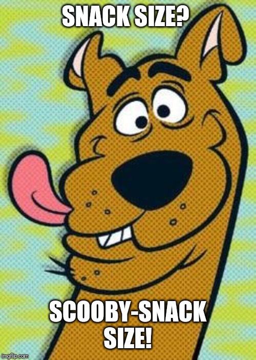Scooby snack | SNACK SIZE? SCOOBY-SNACK SIZE! | image tagged in scooby snack | made w/ Imgflip meme maker