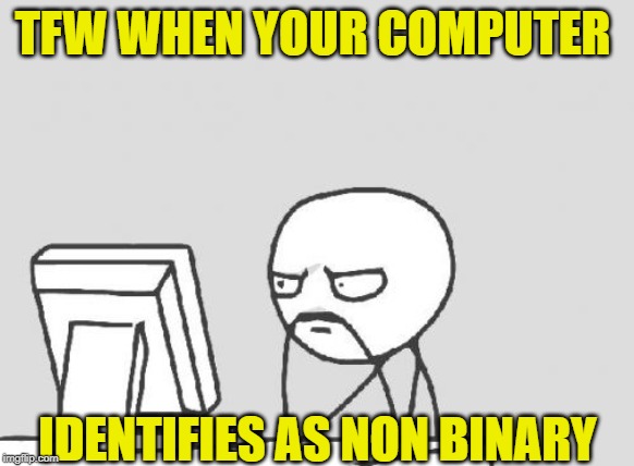 Sorry, our system is down | TFW WHEN YOUR COMPUTER; IDENTIFIES AS NON BINARY | image tagged in memes,computer guy | made w/ Imgflip meme maker