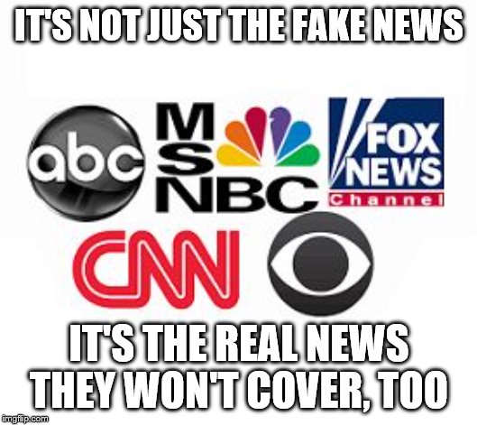 Media Lies | IT'S NOT JUST THE FAKE NEWS; IT'S THE REAL NEWS THEY WON'T COVER, TOO | image tagged in media lies | made w/ Imgflip meme maker