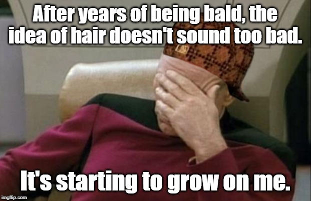 Captain Picard Facepalm Meme | After years of being bald, the idea of hair doesn't sound too bad. It's starting to grow on me. | image tagged in memes,captain picard facepalm | made w/ Imgflip meme maker