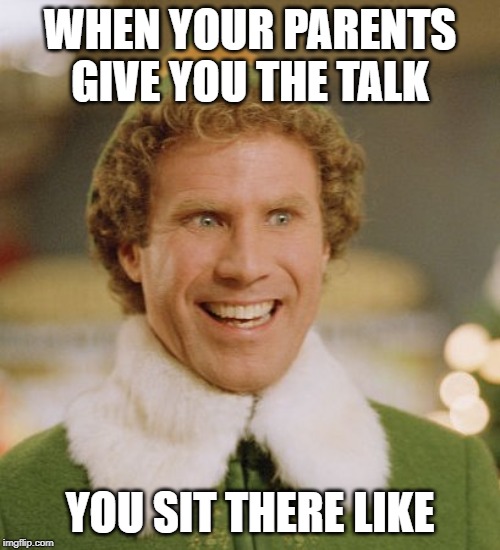 Buddy The Elf Meme | WHEN YOUR PARENTS GIVE YOU THE TALK; YOU SIT THERE LIKE | image tagged in memes,buddy the elf | made w/ Imgflip meme maker