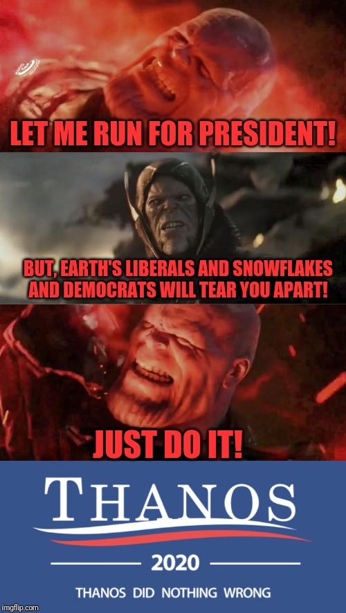 LET ME RUN FOR PRESIDENT! BUT, EARTH'S LIBERALS AND SNOWFLAKES AND DEMOCRATS WILL TEAR YOU APART! JUST DO IT! | image tagged in thanos rain fire | made w/ Imgflip meme maker
