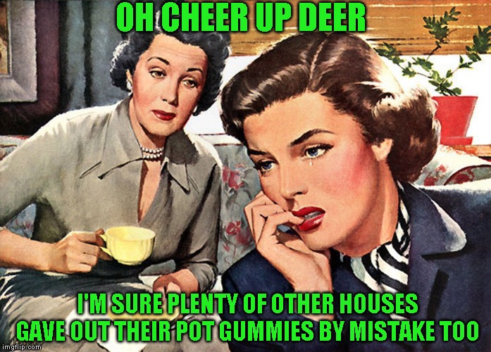 One for Emily (you don't know her) | OH CHEER UP DEER; I'M SURE PLENTY OF OTHER HOUSES GAVE OUT THEIR POT GUMMIES BY MISTAKE TOO | image tagged in happy halloween | made w/ Imgflip meme maker