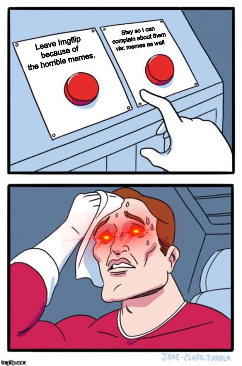 Two Buttons Meme | Stay so I can complain about them via: memes as well; Leave Imgflip because of the horrible memes. | image tagged in memes,two buttons | made w/ Imgflip meme maker