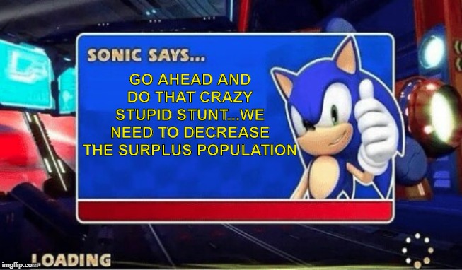 Dare! | GO AHEAD AND DO THAT CRAZY STUPID STUNT...WE NEED TO DECREASE THE SURPLUS POPULATION | image tagged in sonic says | made w/ Imgflip meme maker