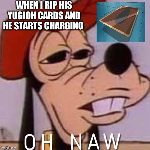 OH NAW | WHEN I RIP HIS YUGIOH CARDS AND HE STARTS CHARGING | image tagged in oh naw | made w/ Imgflip meme maker